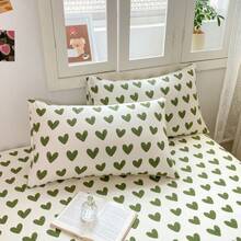 3 件简约数码印花柔软舒适床上用品套装，包括 1 件床笠和 2 件枕套，豹纹、心形、花朵、玫瑰图案，数码印花技术，清新风格床上用品套装适用于卧室、客房、特大号/大号/单人床，亲肤、透气、双面、四季皆宜，可机洗