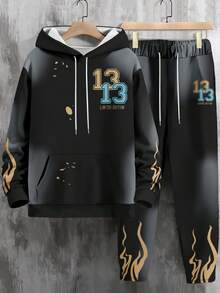 Men's Gradient Letter Print Hoodie And Drawstring Pants Set, Autumn/Winter, Fall Clothes