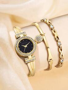 Anne Klein Damen-Armbanduhr mit goldfarbenem Kristall-Akzent und Armband im Set mit glänzendem schwarzem Zifferblatt, elegante Damen-Quarzarmbanduhr mit verstellbarem Armreif