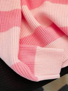 大码女装秋冬新款方拉链条纹针织毛衣，时尚高端简约可爱优雅套头衫，百搭粉色 - 粉色 - 查看 6