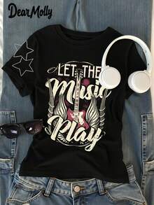 女士超大号休闲电吉他图形字母图案圆领短袖 T 恤，音乐节派对礼物，适合所有季节