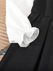 Young Girl Casual 2 In 1 Colorblock Bow Striped Long Sleeve Button Ruffle Collar A-Line Hem Dress, Suitable For Daily, Home, Outdoor, Sports, Spring/Autumn - Black and White - View 4