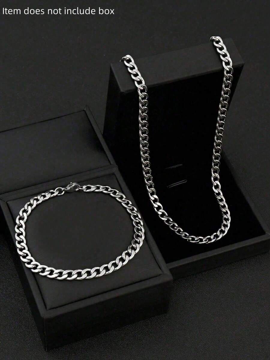 2 piezas Conjunto de joyería de hip hop, collar de cadena cubana y pulsera de acero inoxidable, disponible en múltiples tamaños, idea de regalo para fiestas, uso diario