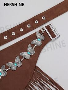Hershine 1 pezzo Cintura da donna stile western, nuova gonna con frange in vita per autunno/inverno con decorazione rimovibile di catena turchese e farfalla, accessorio di moda minimalista di alta qualità, accessorio per outfit da strada, adatto per uso quotidiano e feste/Ognissanti - Gonna con nappa a farfalla in vita - Visualizzare 2