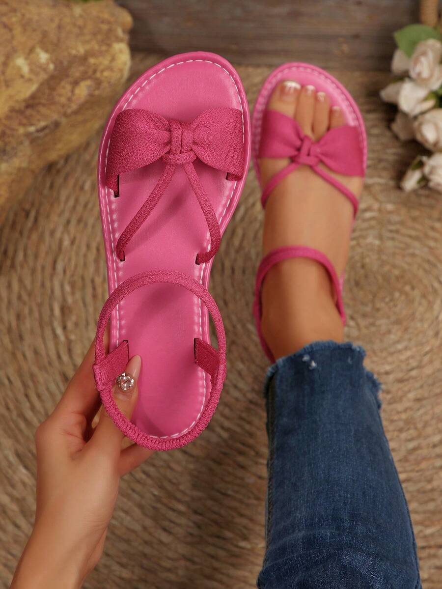 Nuevas sandalias planas de talla grande para mujer, cómodas y sencillas, con punta redonda, diseño hueco y elástico, de estilo casual y abierto, ideales para la playa y el verano - Rosa Fucsia - Ver 1