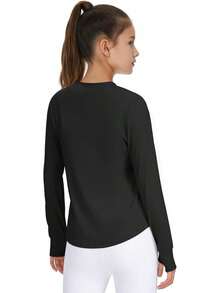 Girls Long Sleeve Shirts Athletic Shirt With Thumb Holes Kids Crew Neck Basic Tee Tops For Sports Gym Yoga - 玫紅色 - 查看 10