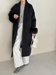 Women's Classic Shawl Collar Tie-Waist Long Double-Sided Wool Coat, Casual Extra Long Jacket For Autumn/Winter - Carbon Black - View 5