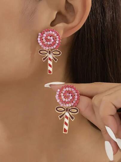 HOTNICE 圣诞糖果吊坠耳环，镶嵌闪亮的粉色和红色水钻 - 非常适合节日庆祝，圣诞耳环