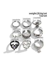 9pcs Fashionable Punk Style Crystal Star Rings Set, Adjustable For Men Casual Daily Wear - 9pcs - View 5