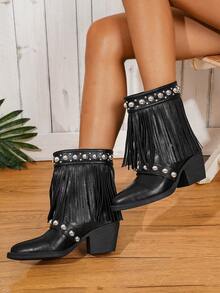 Botas cortas con tacón grueso, estilo retro occidental, con remaches, tachuelas y flecos decorativos, para mujer, nuevas para otoño/invierno 2025. Moda versátil de estilo callejero, adecuadas para fiestas, reuniones, elegantes botas negras.