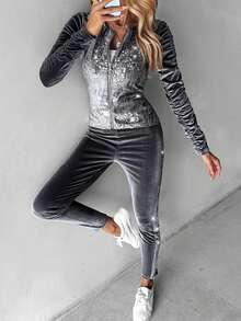 ChicMe Sammetsset med två delar – Damjacka med kontrasterande paljetter, rynkad dragkedja och byxor med resår i midjan - Grå - Visa 6