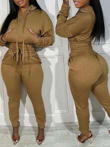 ChicMe 女式两件套连帽衫套头衫和慢跑裤套装休闲运动抽绳口袋运动服街头服饰 - 卡其色 - 查看 2