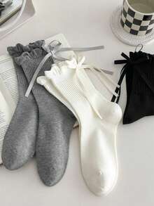 1 双女士秋冬新款蝴蝶结芭蕾袜，纯色蕾丝边甜美中筒袜，百搭日常穿着 - 彩色 - 查看 2