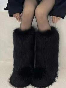 Bốt cao đến đầu gối mùa đông dành cho nữ Bốt bông xỏ ngón Bốt thời trang mũi tròn lông xù Da lộn thoải mái, sang trọng, ấm áp Bốt cao đến đầu gối Giày bệt trong nhà ngoài trời, dự tiệc, trang trọng cho phụ nữ Bốt mùa đông Bốt bông - màu đen - Xem 1