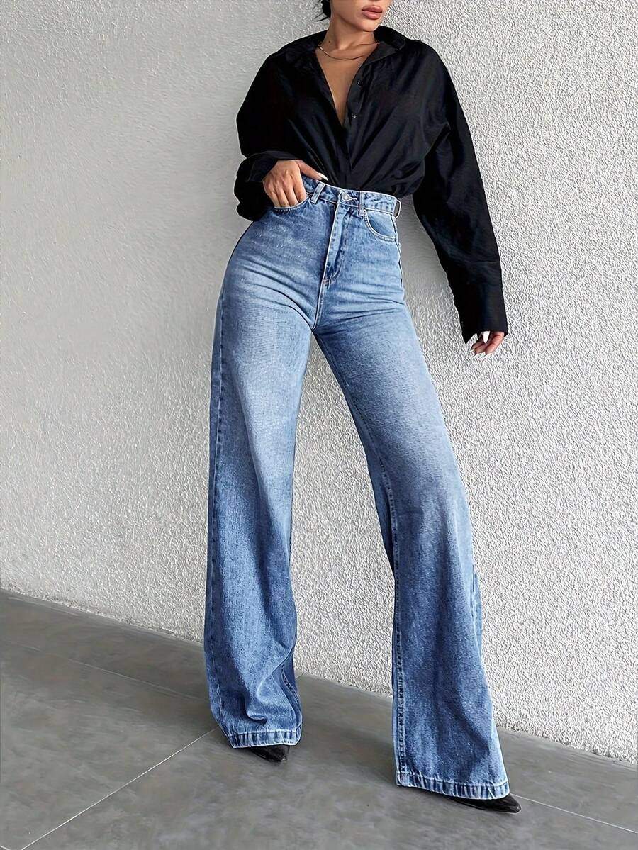 Jeans azul lavado de unicolor de talle alto, jeans con bolsillos diagonales sueltos con cremallera y botón para abrir y cerrar, jeans y ropa de mujer - Lavado ligero - Ver 1