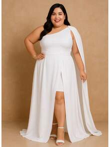 Women's Long Dress Plus Size With Cape Party Wedding Bride Graduation Bridesmaids Elegant Party Mesh With Belt Timeless - 白色 - 查看 1