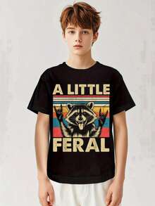 Wild Child Boys' Graphic T-Shirt - Retro Rock Raccoon A Little Feral Design, Black Casual Streetwear Summer Tee For Kids, Machine Washable Outdoor Play & Casual Attire, Raccoon Shirt, Vintage Inspired Apparel, Digital Print Top, Durable Fabric - 黑色 - 查看 1