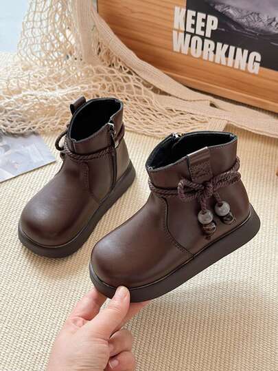 女童靴，新款秋冬时尚蝴蝶结优雅百搭软皮轻便儿童踝靴，幼儿/小童/大童软底防滑皮靴