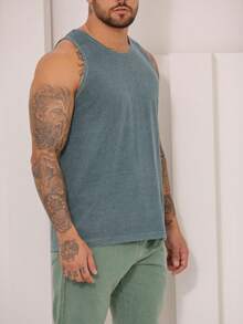 Men's Summer Plain Scoop Neck Tank Top With Washed Mesh Stitching - Màu xanh lá cây đậm - Xem 3