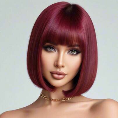 12-Inch Wine Red Bob Wig With Bangs, High Density, Versatile & Fluffy, Suitable For Women, Cosplay & Halloween