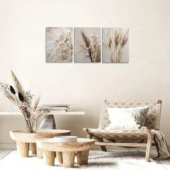 3 st modern bohemisk beige blommig väggkonst set - kanvastavla med maskros, vass, vete tryckt poster, bohemisk väggkonst, minimalistisk beige dekoration med naturliga texturer, lämplig för vardagsrum, sovrum, kontor - vintage bohemisk heminredning