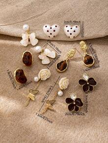 1 Pair Elegant Pearl Accent Heart Stud Earring, Camellia Flower Dangle Earring, Fall Winter Season Brown Color Earrings Jewelry For Everyday Wear And Gift Giving