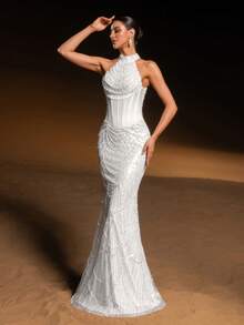 Elisanya 情人节高级魅力奢华高领无袖美人鱼晚礼服，饰以珠饰亮片刺绣、束腰设计和鱼尾廓形——完美适用于婚礼、红毯活动、晚宴、正式晚宴、新年装扮、生日装扮、夏季假日派对等场合。 - 白色 - 查看 10