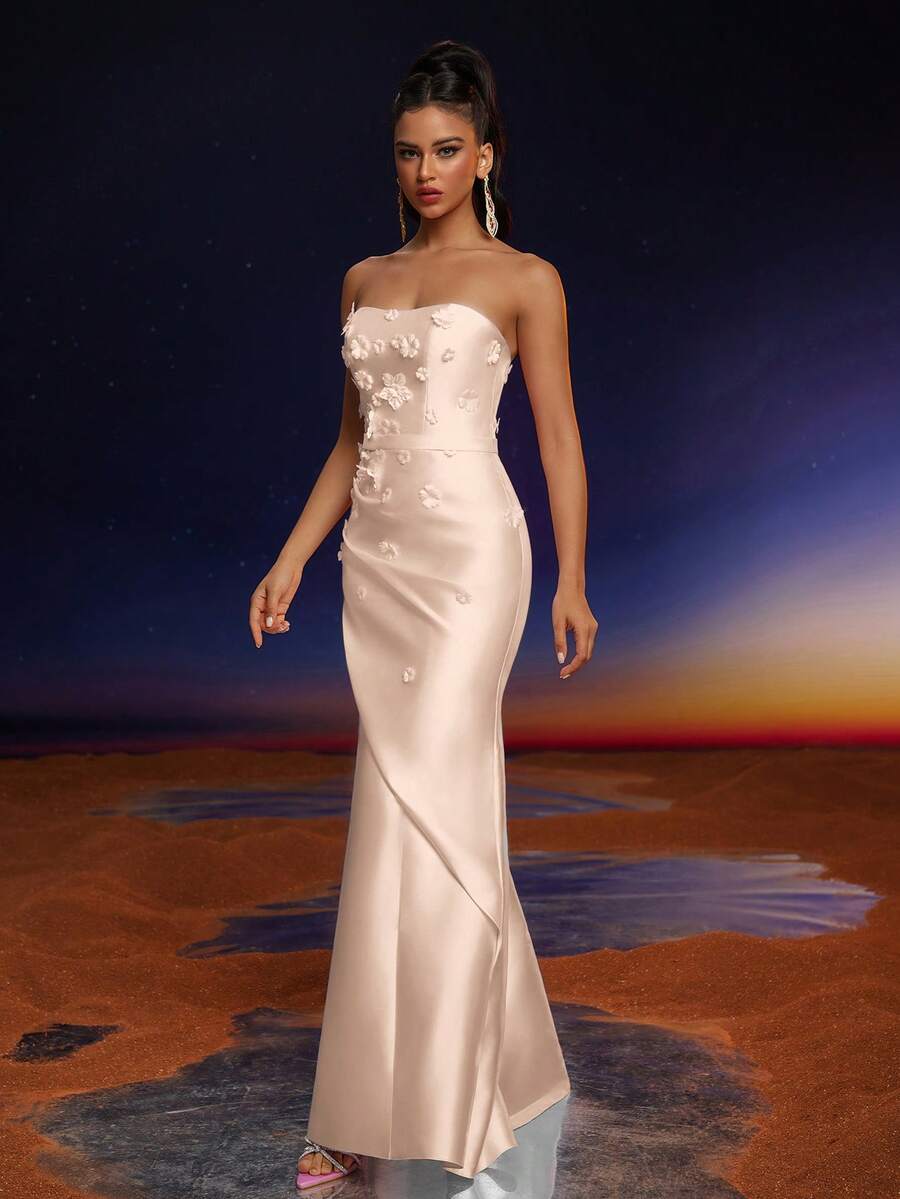 Anymoon 3D Hand Floral Ruffle Trim Mermaid Bridesmaid Dress - Apricot - View 1