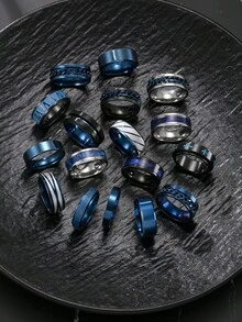 4/8/12pcs Stainless Steel Blue & Black Chain, Cross, Roman Numeral, Smooth Shape Men's Ring Set, Random Style In Blind Bag, Suitable For Men's Daily Decoration Or Gift - Multicolor - View 1