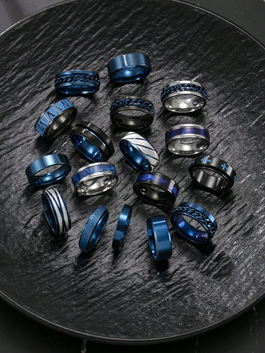4/8/12pcs Stainless Steel Blue & Black Chain, Cross, Roman Numeral, Smooth Shape Men's Ring Set, Random Style In Blind Bag, Suitable For Men's Daily Decoration Or Gift - Multicolor - View 1