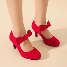 Women's Cute Bow Heels Mary Jane Kitten Heel Pumps Closed Round Toe Low Heels Ankle Strap Wedding Evening Party Dress Office Work Church Shoes-20256688 - 紅色絨面革 - 查看 10