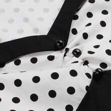 Elegant Heart Neck Polka Dot Short Sleeve A Line Dress For Women Vintage Style Fitted Waist Knee Length Flared Hem - 黑與白 - 查看 8