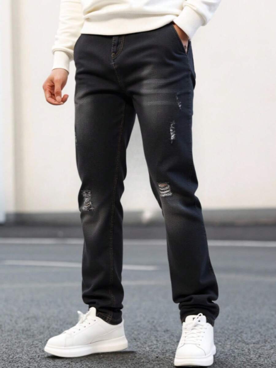 Jeans rectos rotos y ajustados casuales para hombre, estilo simple, cómodos y de moda, adecuados para viajes diarios y deportes al aire libre. - Negro - Ver 1