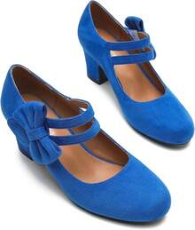Enelauge Women's Mary Jane Heels With Bow Retro Closed Round Toe Pumps Sweet Ankle Strap Low Block Heels Chic Bowtie Vintage Dress Wedding Party Office Daily ShoesChristmas - 皇家藍絨面革 - 查看 4
