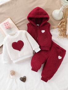 3pcs Baby Girls Fashion Casual Heart Embroidery Fleece Hooded Vest, Heart Embroidery Fleece Pullover Top And Ribbed Cuff Pants Set, Autumn/Winter - Burgundy - View 2