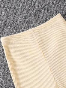 女婴时尚休闲优雅长袖圆领上衣配蝴蝶结喇叭裤套装，春秋装 - 杏色 - 查看 3