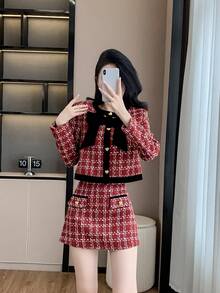 RUIWY 女款秋季慶典紅格紋時尚優雅蝴蝶結修身保暖加厚夾克與裙子兩件套 - 紅色 - 查看 8