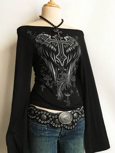 Top con estampado de cruz, hombros descubiertos y mangas acampanadas, de estilo casual y de moda Y2K para mujer