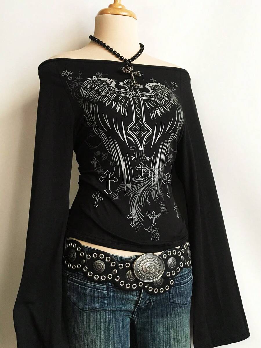 时尚休闲 Y2K 女式十字印花露肩喇叭袖上衣 - 黑色 - 查看 1