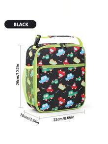 Lonchera aislada reutilizable para niños, adecuada para uso escolar, aislamiento térmico, bolsillos interiores y exteriores, material de lona impermeable, diseño lindo y adorable - bolsa de almacenamiento diario perfecta, para llevar para niños y niñas, suministros de cocina, regalo de Navidad, esencial para volver a la escuela - coche negro - Ver 2
