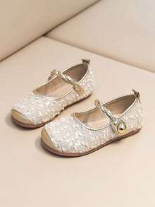 Toddler Girls' Sequined Princess Shoes 2024 Spring Summer Korean Style Mary Janes Soft Sole Beige Fairy Shoes