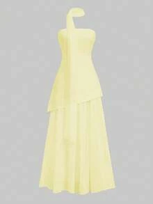 魅力十足的Floreya纯色休闲优雅不对称连衣裙，适合晚宴、假日、婚礼、生日、正式晚宴、返校派对、单身派对等场合。 - 黃色 - 查看 9