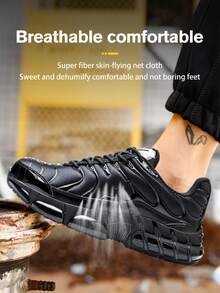 【建议选大一码】钢头安全鞋，男士工作运动鞋，旋转扣设计，方便穿脱，透气防砸，工作安全靴，防刺穿，防砸，EVA减震鞋底，男女通用轻便工作鞋，户外徒步防刺穿防砸鞋 - 黑色 - 查看 4