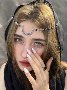 Semi-Circle Hollow Moon Pattern Women's Head Chain, Silver And Gold Hair Accessories, Vintage Forehead Chain With Pendant, Simple And Stylish, Natural Stone Crystals, Bohemian, Exotic Style, Fashion Accessory, Princess Moon Goddess, Cleopatra, Vintage, Elegant, Graceful, Suitable For Holidays, Halloween, Wedding Hair Accessories, Women's Chains, Suitable For Daily Use, Holiday Parties, Evening Dances, Outings And Dinners, Holiday Gifts