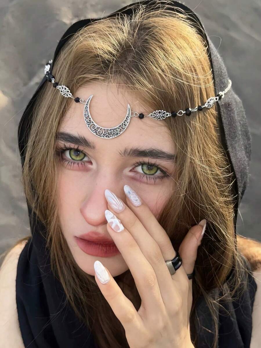 Semi-Circle Hollow Moon Pattern Women's Head Chain, Silver And Gold Hair Accessories, Vintage Forehead Chain With Pendant, Simple And Stylish, Natural Stone Crystals, Bohemian, Exotic Style, Fashion Accessory, Princess Moon Goddess, Cleopatra, Vintage, Elegant, Graceful, Suitable For Holidays, Halloween, Wedding Hair Accessories, Women's Chains, Suitable For Daily Use, Holiday Parties, Evening Dances, Outings And Dinners, Holiday Gifts