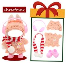 Weihnachtsthematisches Cut Out gestricktes Pullover-Set, kombiniert mit Schal, Kopfhörern, Schuhen, für LABUBU, Halloween, Weihnachten, Feiertage, Geburtstagsgeschenk (ohne Plüschpuppe)