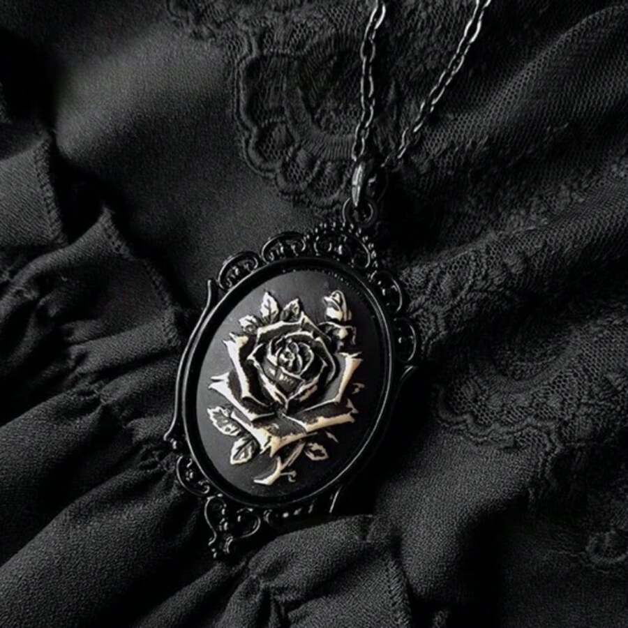 Gothic Black Rose Pendant Necklace - Gorgeous Victorian Dark Subculture Necklace, Elegant Ladies Gothic Jewelry, Timeless Grotesque Party Accessories, Perfect Birthday/Holiday Gifts For Grandma, Mother, And Daughter - 肋骨 - 查看 1