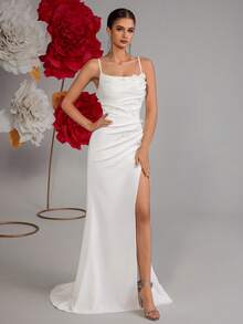 ADYCE High Waist Spaghetti Strap Long Prom Dress 3D Floral High Slit Backless Formal Gown Dress For Party, Prom, Banquet, Homecoming And Graduation - White - View 7