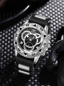1pc Men's Silicone Watch Band, Casual Sports 3-Eye Digital Dial Quartz Watch, Suitable For Daily Wear Or As Holiday Gift For Friends - Black - View 1