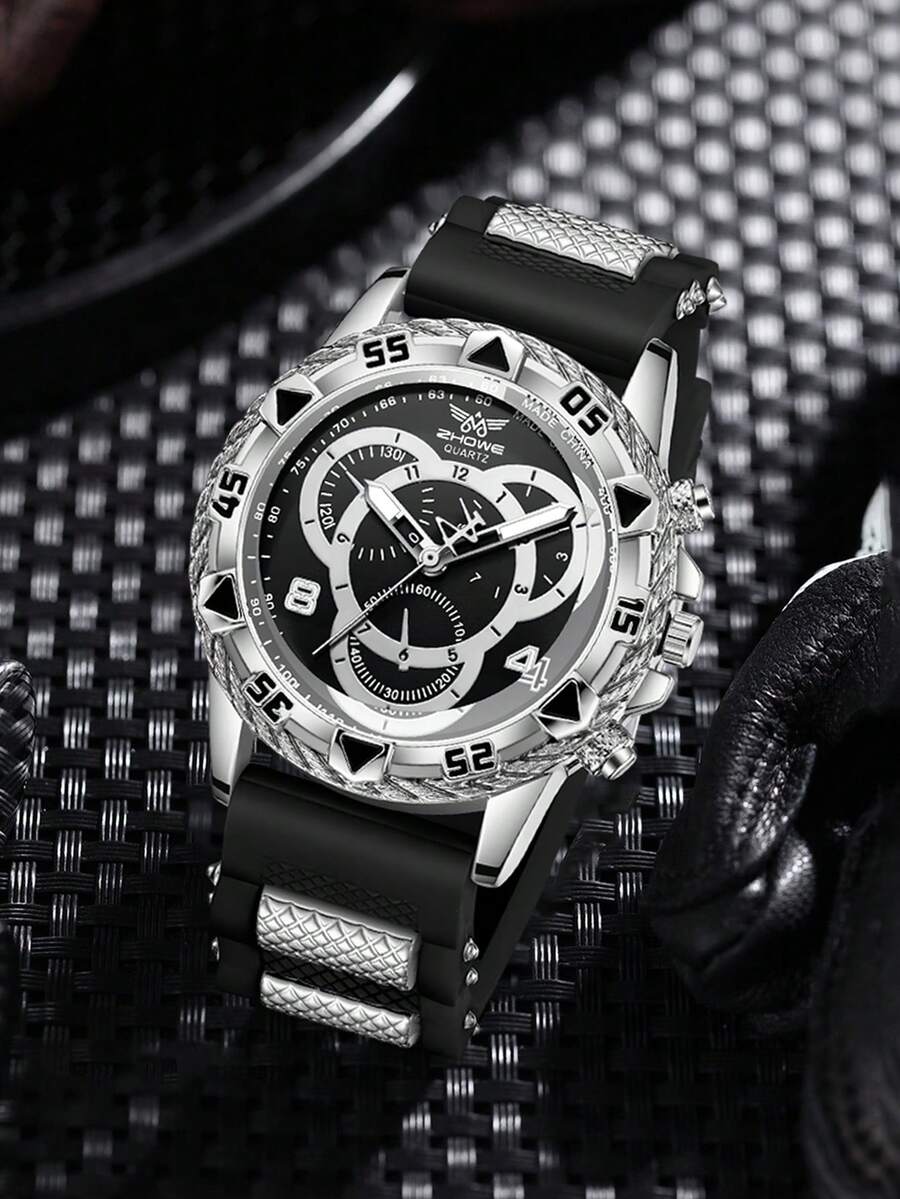 1pc Men's Silicone Watch Band, Casual Sports 3-Eye Digital Dial Quartz Watch, Suitable For Daily Wear Or As Holiday Gift For Friends - Black - View 1